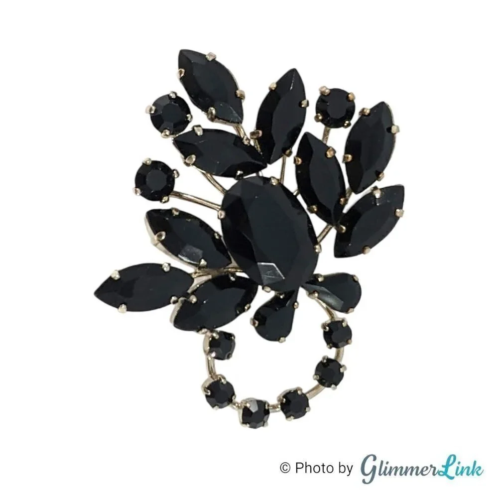 Vintage Western Germany Black Rhinestones Floral Spray Silver Tone Mid Cent